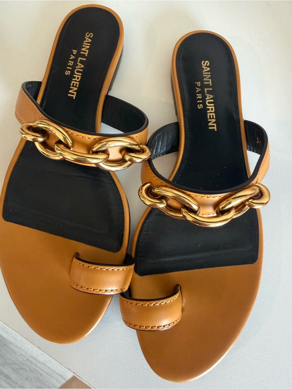 Saint Laurent Tan Leather Slide Sandals with Gold Chain